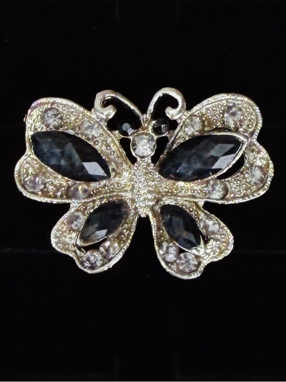 Vintage aged silvertone black accent, butterfly pendant + free cord necklace